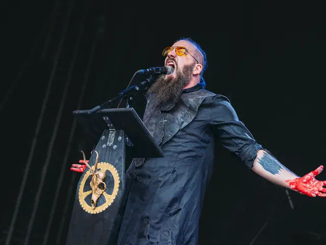 Vocalist screaming behind the lectern, bloodied hands spread